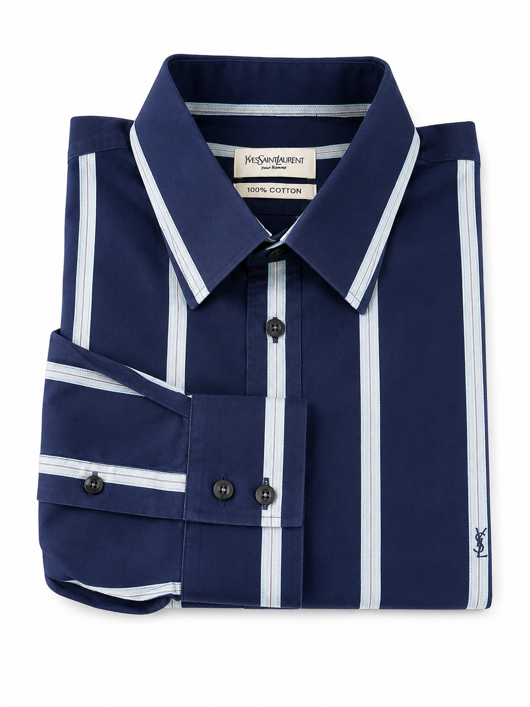 80's/90's Yves Saint Laurent Navy Stripe Cotton Shirt - XXL